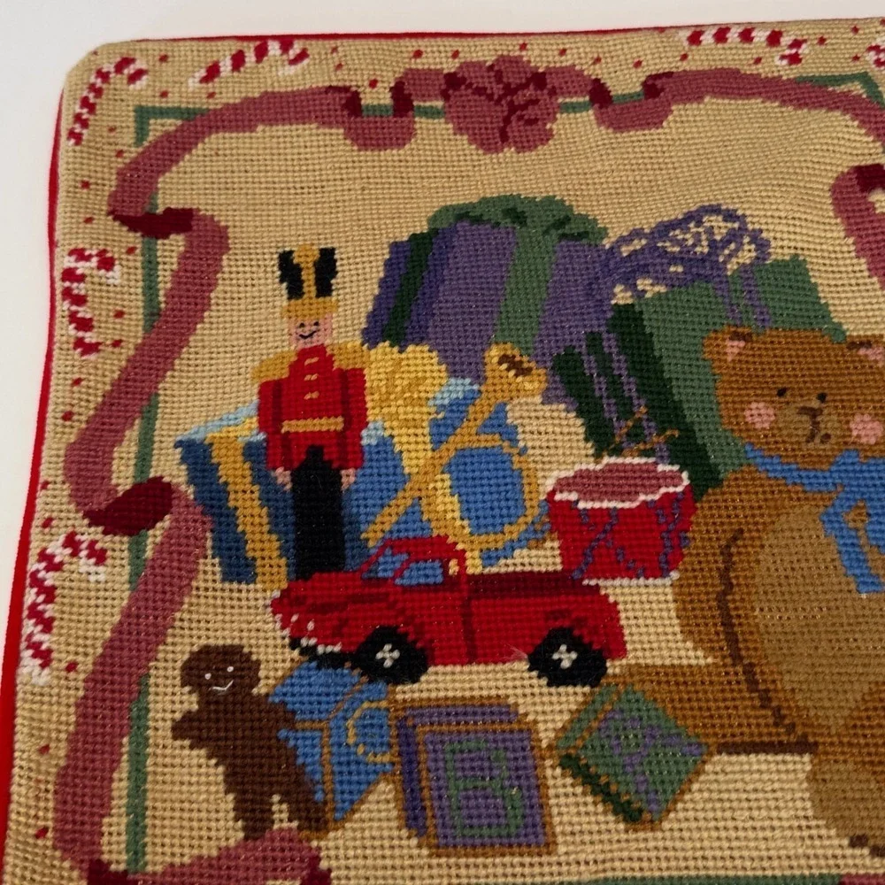 Vintage 1994 Nantucket Red Christmas Needlepoint Pillow Cover 14x14 Bear Toys